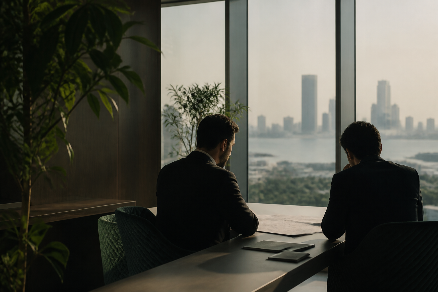 兩位投資專業人士在可俯瞰城市天際線的安靜辦公室內檢視文件